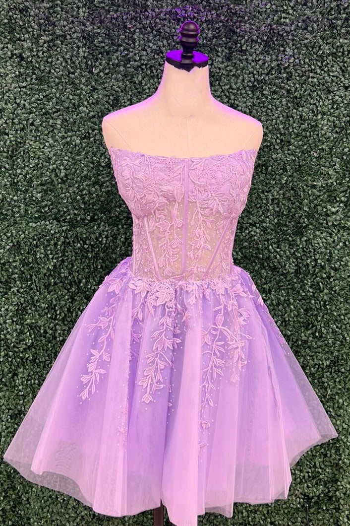 Strapless Lilac Lace Appliques Short Homecoming Dress