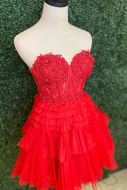 Red Sweetheart Lace and Ruffles Short Tulle Dress
