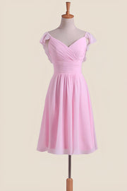 Pink Pleated Cap Sleeves Short Bridesmaid Dress