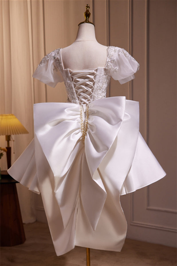 Short Sleeves White Beaded A-line Short Princess Dress