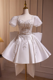 Short Sleeves White Beaded A-line Short Princess Dress
