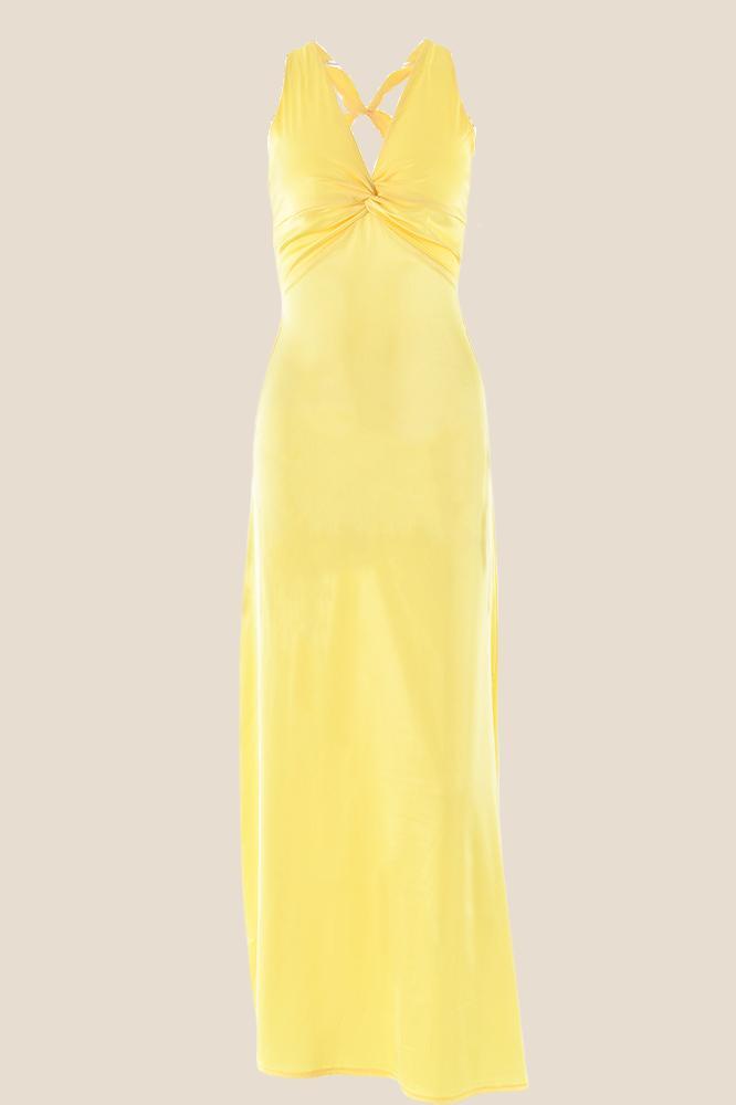 Twist V-neck Yellow Open Back Sheath Long Dress