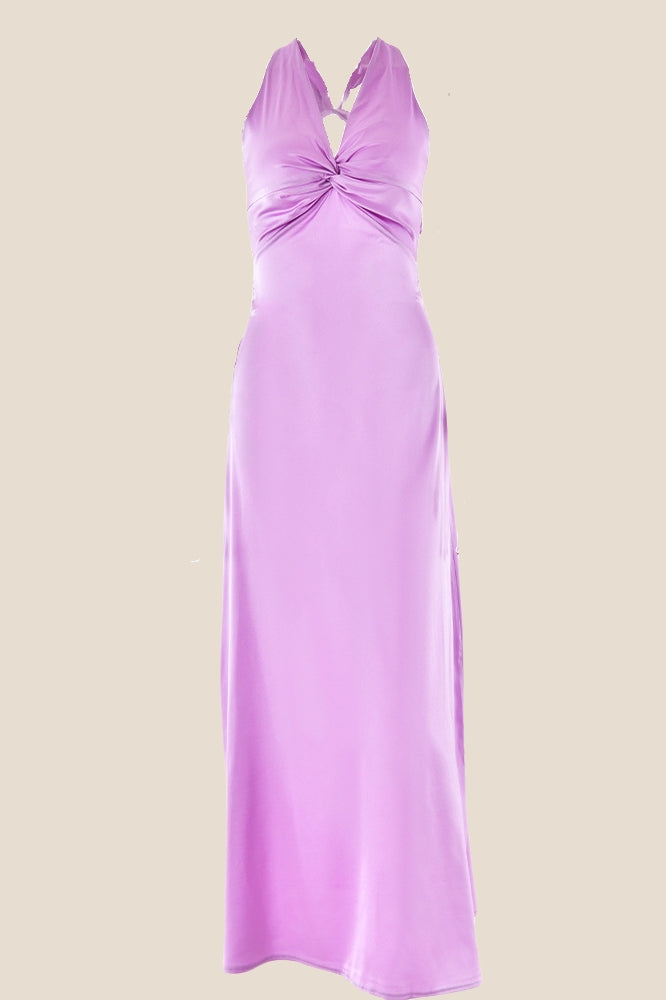 Twist V-neck Pink Open Back Sheath Long Dress