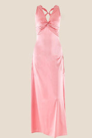 Twist V-neck Pink Open Back Sheath Long Dress