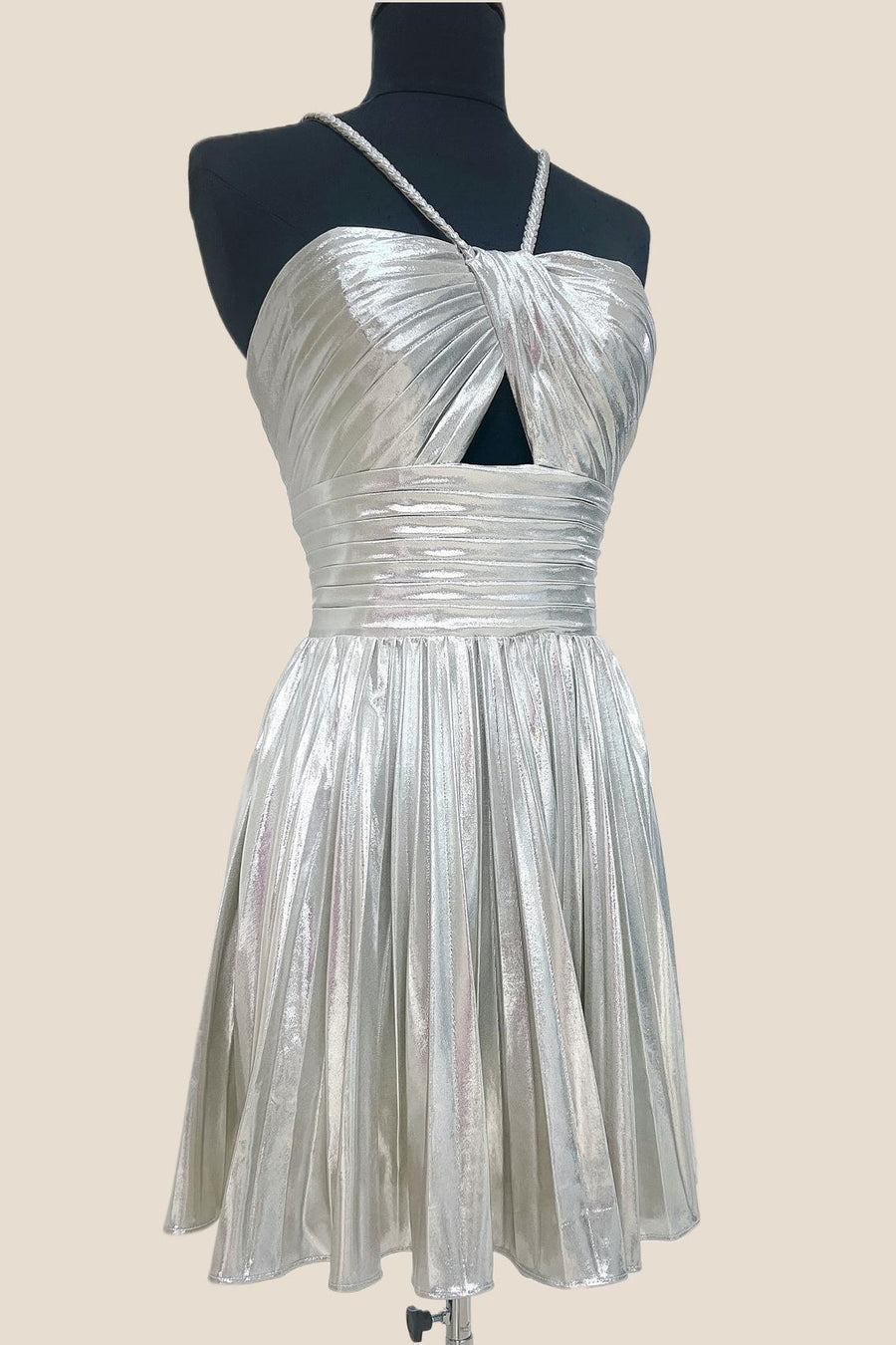 Peacock Metallic Halter Pleated A-line Short Dress