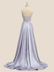 Silver Beaded Corset A-line Long Prom Dress