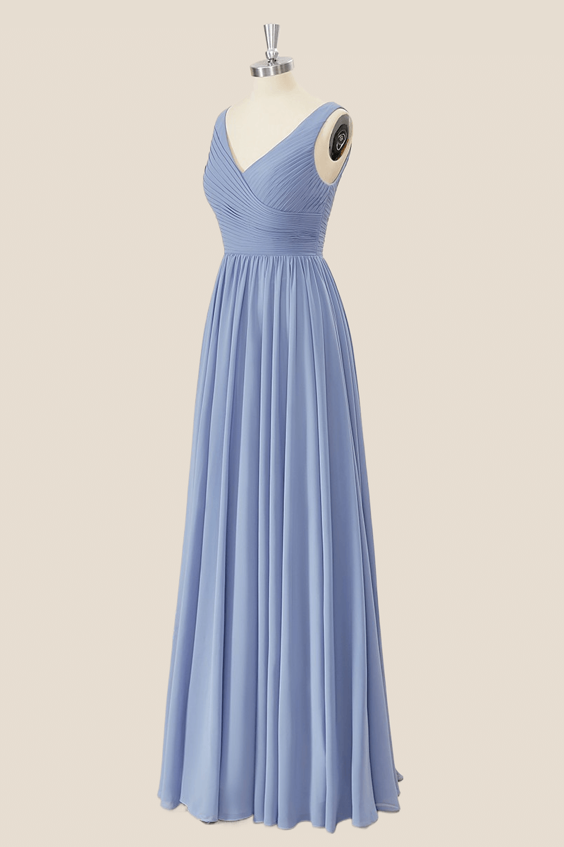 Dustu Blue Pleated Chiffon Long Bridesmaid Dress