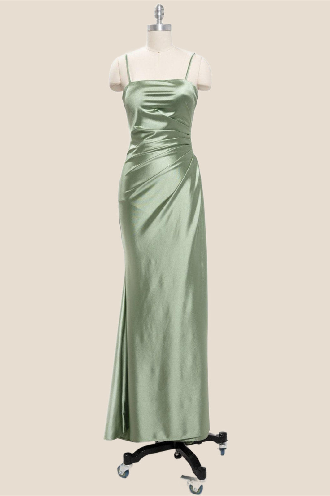 Straps Sage Green Ruched Long Party Dress