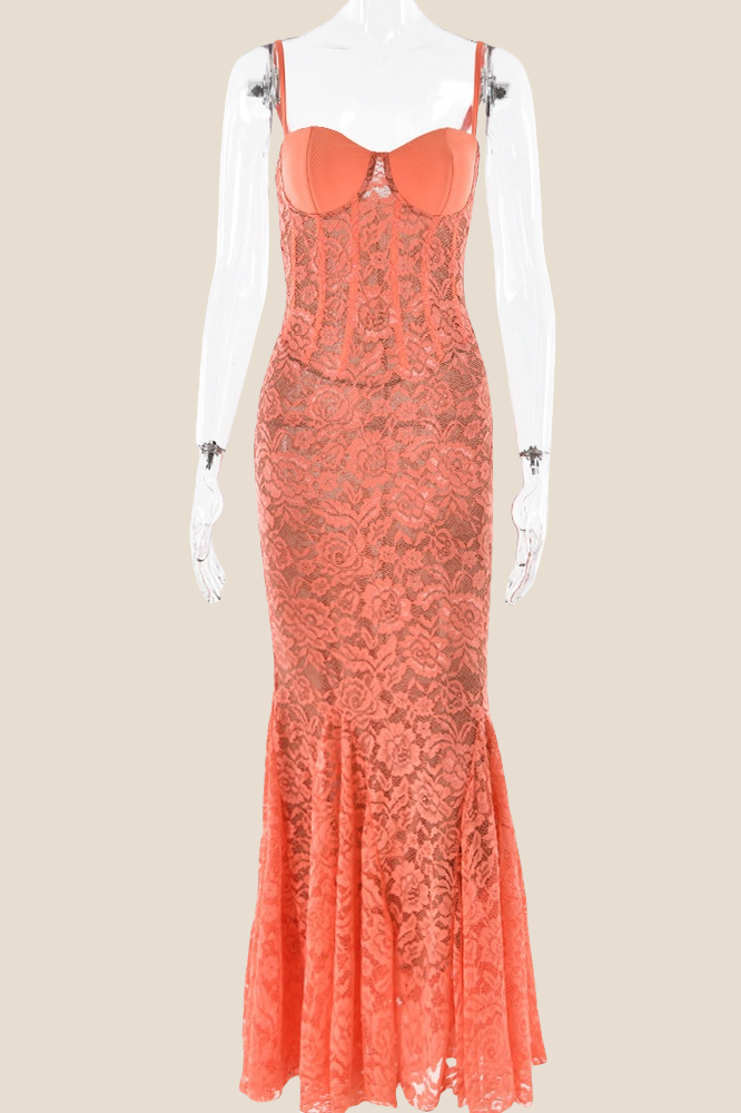 Spaghetti Straps Orange Lace Mermaid Long Dress