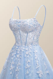 Straps Sky Blue Appliques Short Homecoming Dress