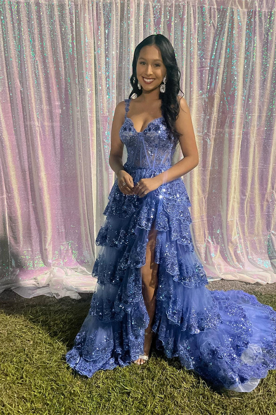 Off the Shoulder Light Blue Appliques Tiered Formal Gown Ohmollydress Off the Shoulder Light Blue Appliques Tiered Formal Gown Ohmollydress