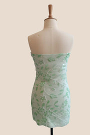 Strapless Blue Beaded Flowers Tight Short Dress