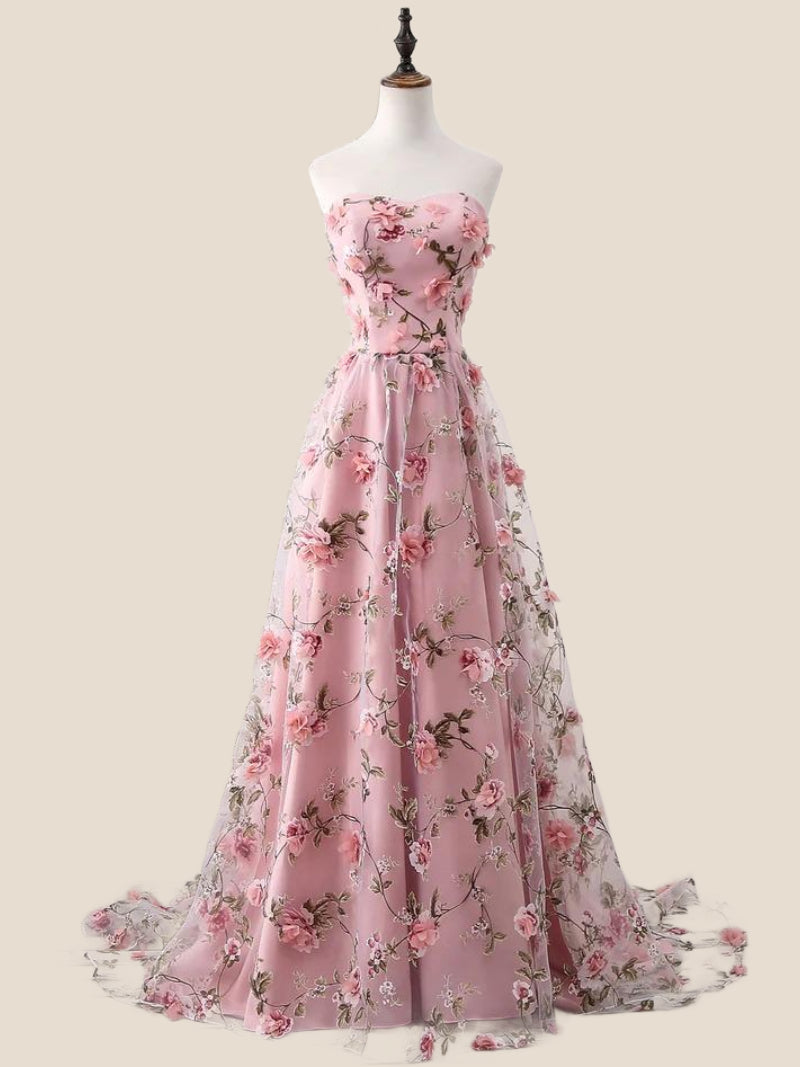 Strapless Pink 3D Floral A-line Long Formal Dress