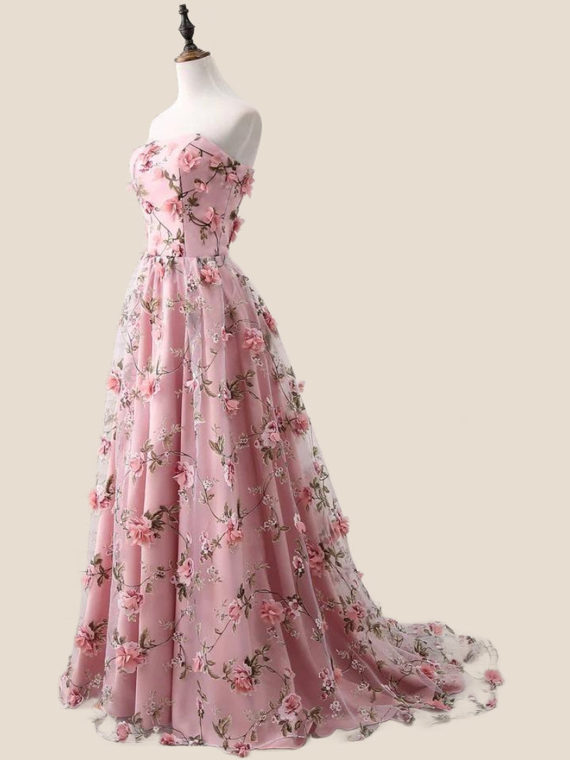Strapless Pink 3D Floral A-line Long Formal Dress