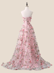 Strapless Pink 3D Floral A-line Long Formal Dress