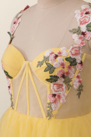 Floral Straps Yellow Corset Long Formal Dress
