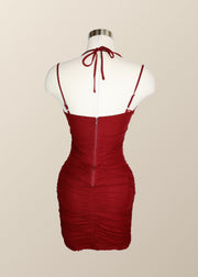 Halter Red Ruched Bodycon Mini Dress