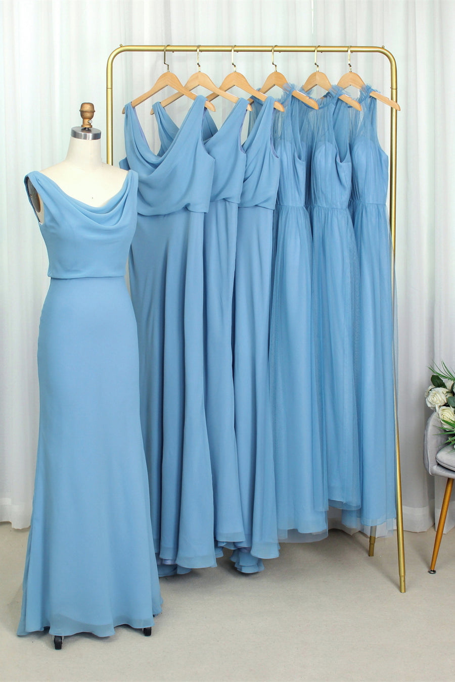 Cowl Neck Blue Chiffon Sheath Long Bridesmaid Dress
