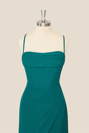 Turquoise Chiffon Ruched Long Dress