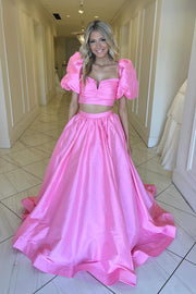 Two Piece Green A-line Long Prom Dress with Puff Sleeves