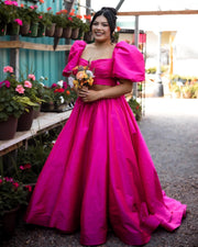 Two Piece Green A-line Long Prom Dress with Puff Sleeves