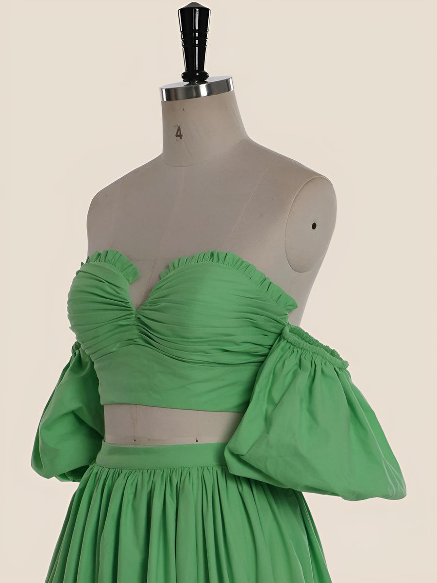 Two Piece Green A-line Long Prom Dress with Puff Sleeves