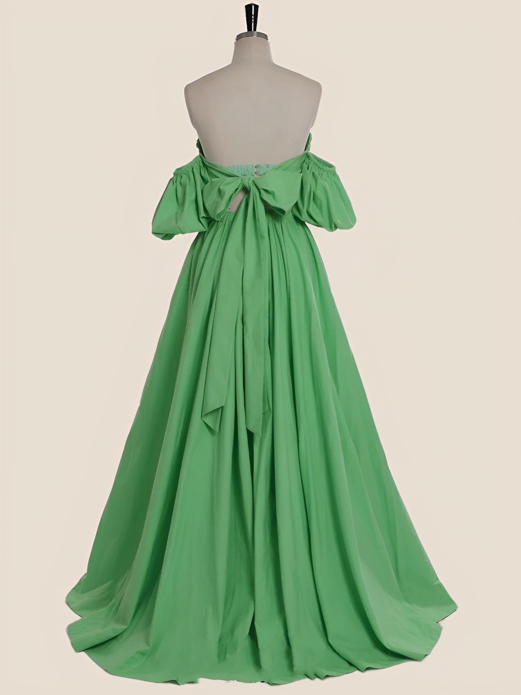 Two Piece Green A-line Long Prom Dress with Puff Sleeves