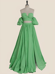 Two Piece Green A-line Long Prom Dress with Puff Sleeves