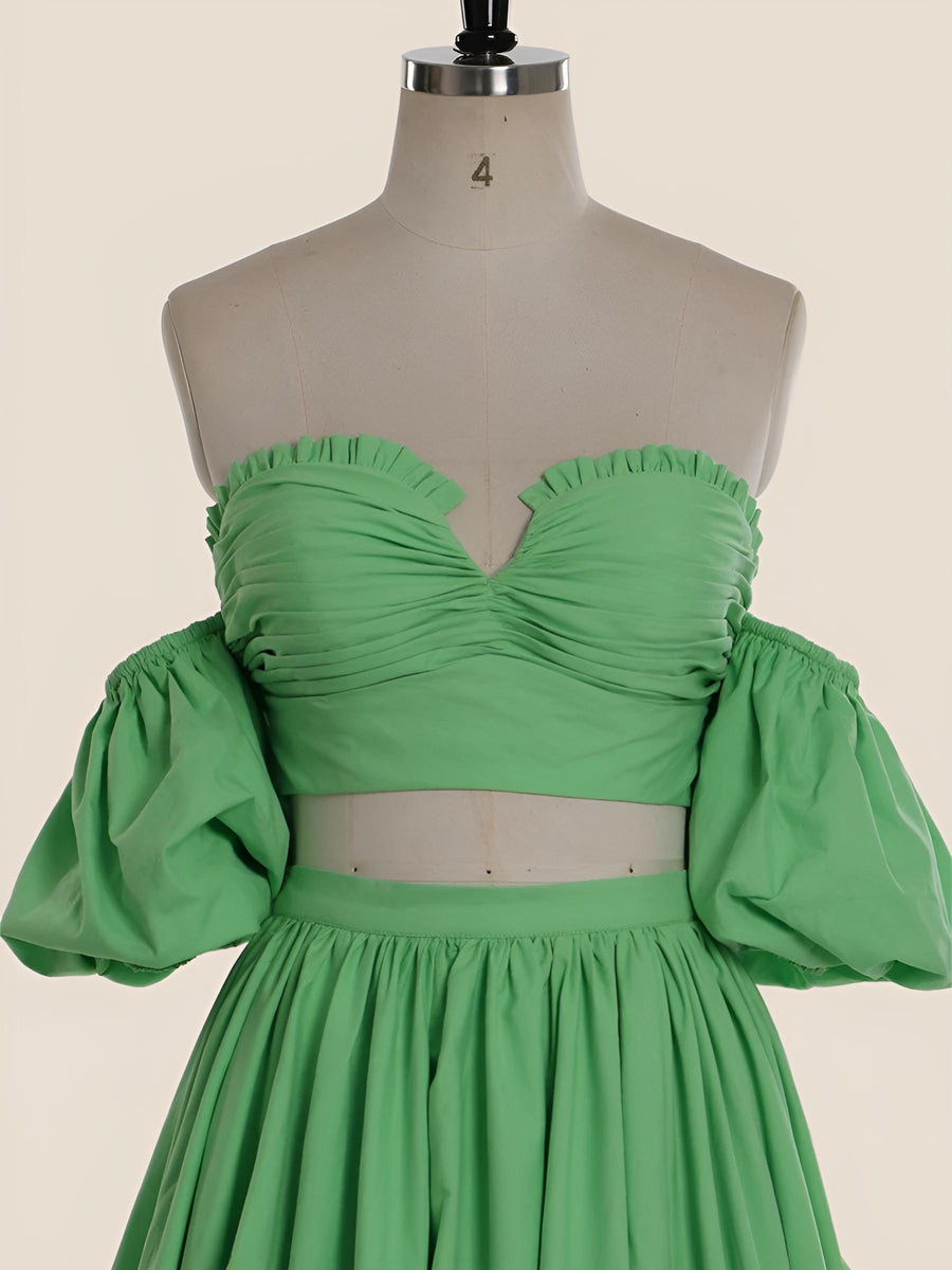 Two Piece Green A-line Long Prom Dress with Puff Sleeves