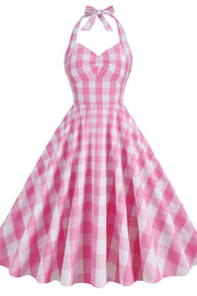 Halter Pink Plaid Gingham Swing Dress