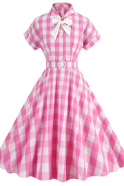 Notched Collar Pink Plaid Gingham Swing Dress