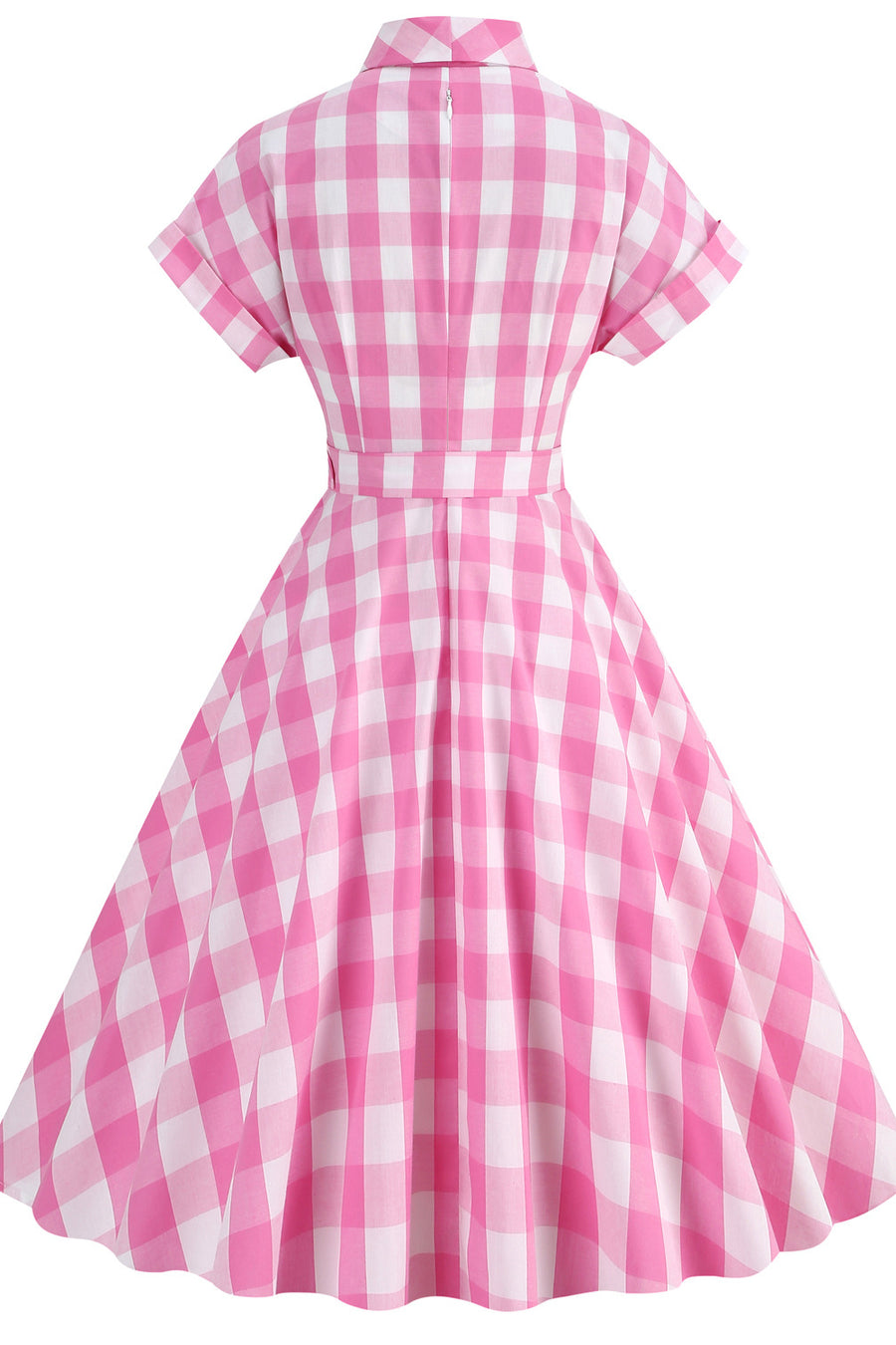Notched Collar Pink Plaid Gingham Swing Dress