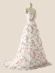 White Straps 3D Floral A-line Long Prom Dress