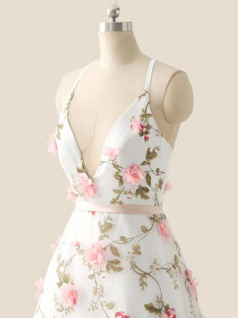 White Straps 3D Floral A-line Long Prom Dress