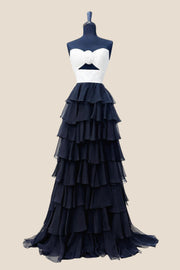 Strapless White and Black Rosette Tiered Long Dress