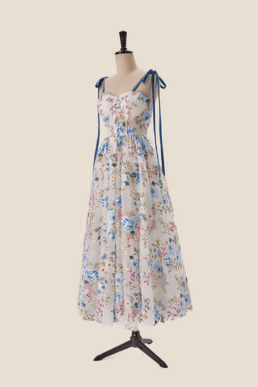 Blue Floral Tea Length A-line Party Dress