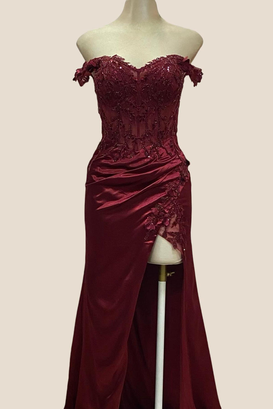 Lace Off the Shoulder Wine Red Satin Mermaid Dress