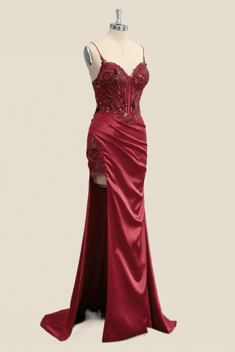 Straps Wine Red Beaded Mermaid Long Formal Dress