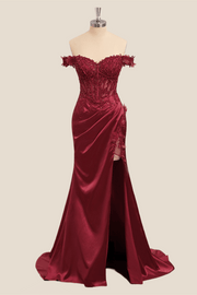 Lace Off the Shoulder Wine Red Satin Mermaid Dress