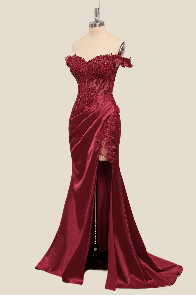 Lace Off the Shoulder Wine Red Satin Mermaid Dress