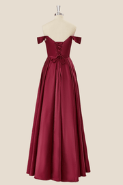 Wine Red Satin A-line Long Party Dress
