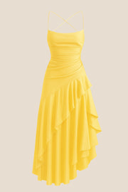 Straps Red Satin Ruffle Slit Party Dress