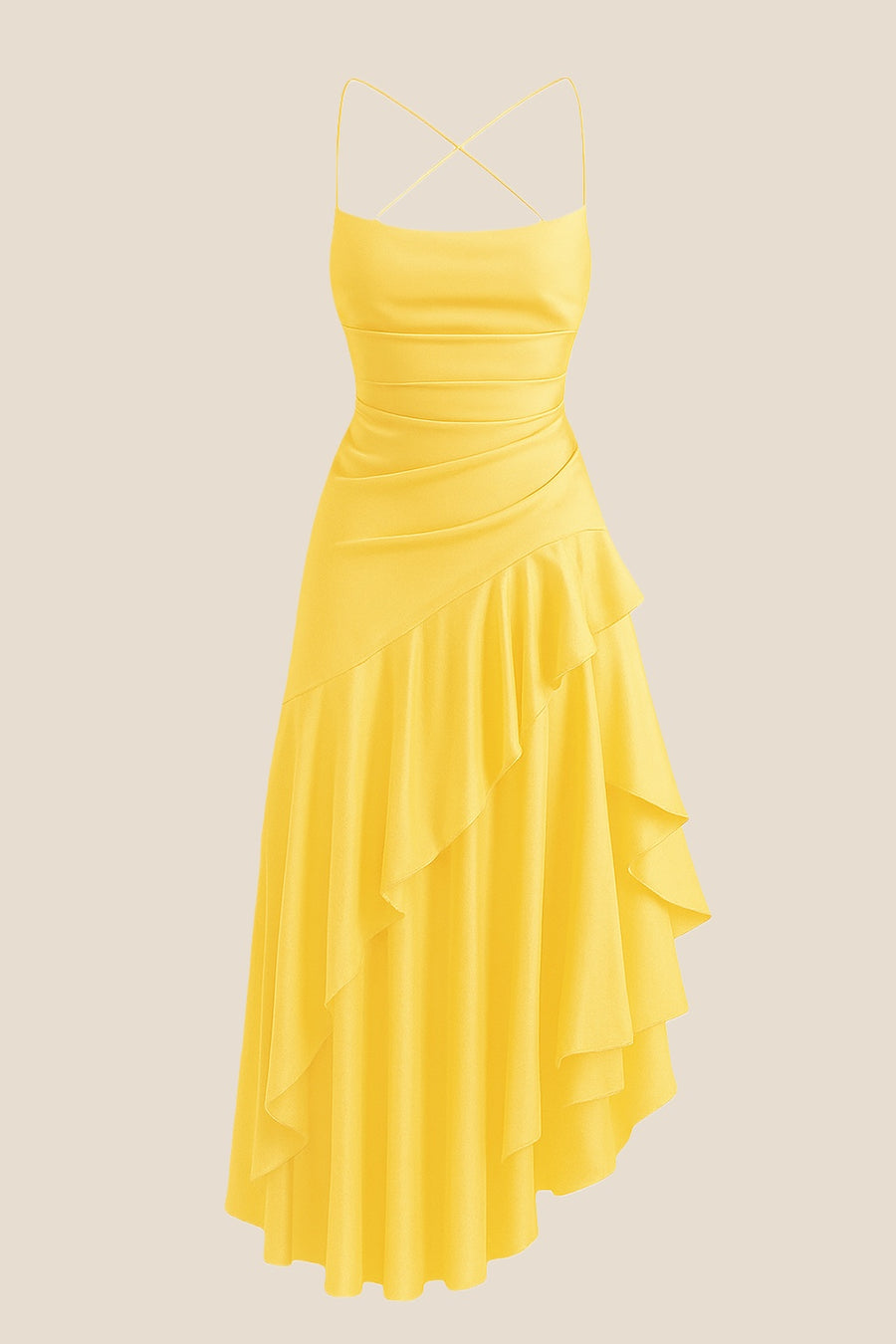 Straps Red Satin Ruffle Slit Party Dress