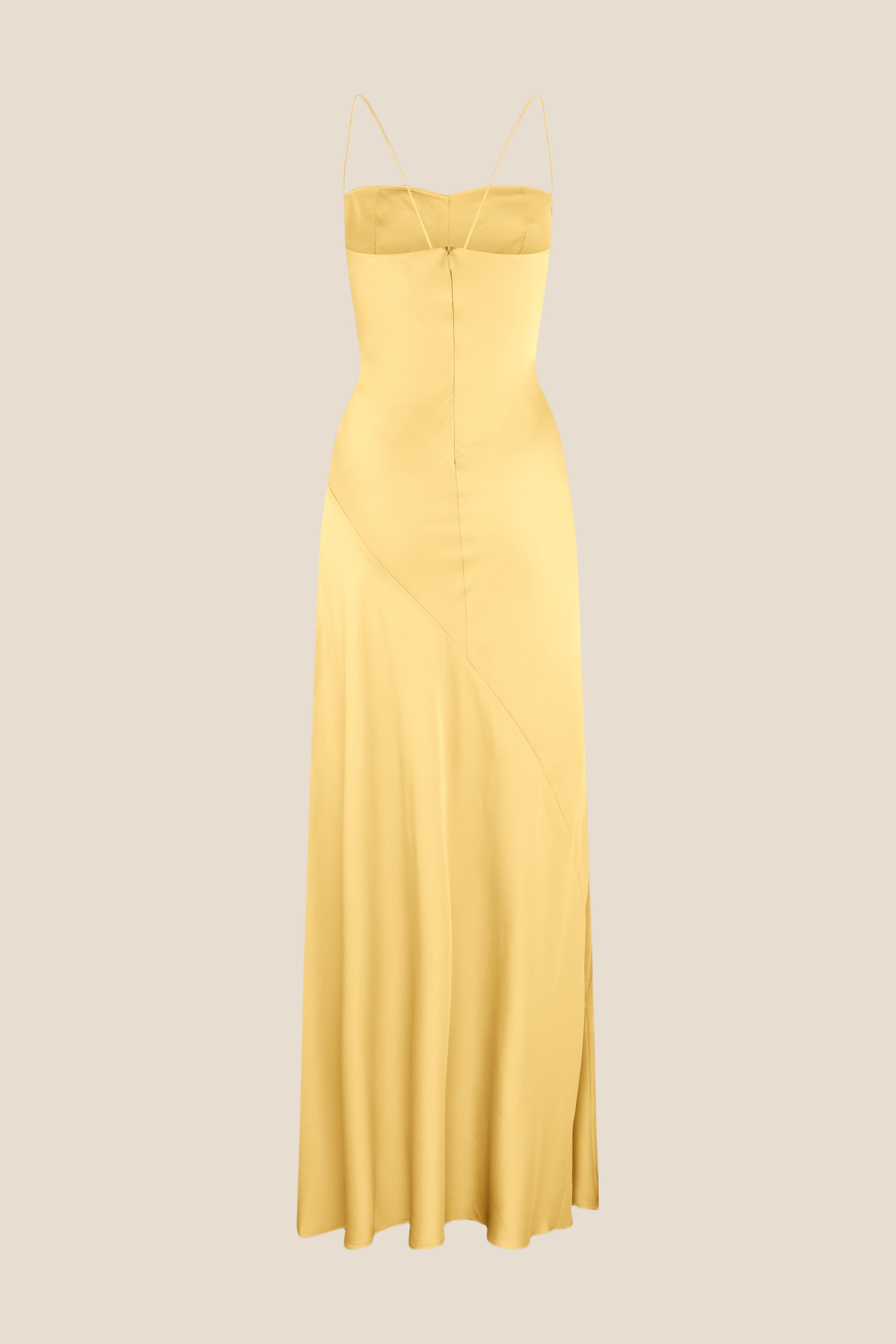 Spaghetti Straps Yellow Long Dress with Slit