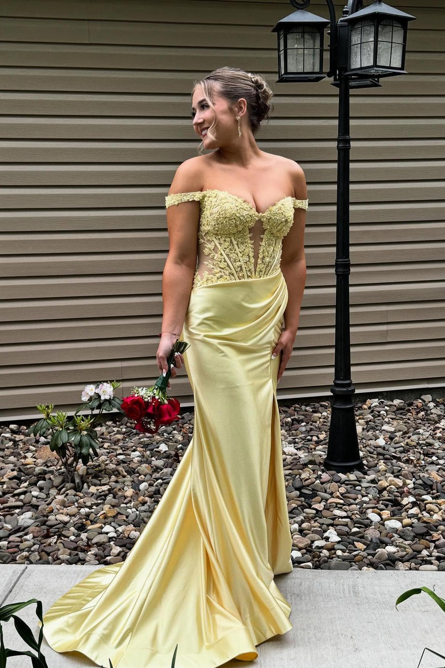 Off Shoulder Sage Appliques Long Dress with Slit