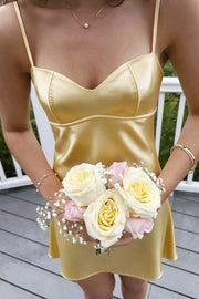Yellow Satin Straps Short Dress