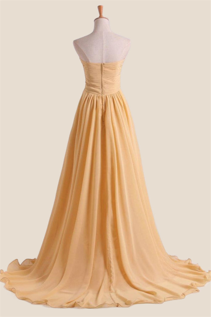 Yellow Pleated Sweetheart Chiffon Long Bridesmaid Dress