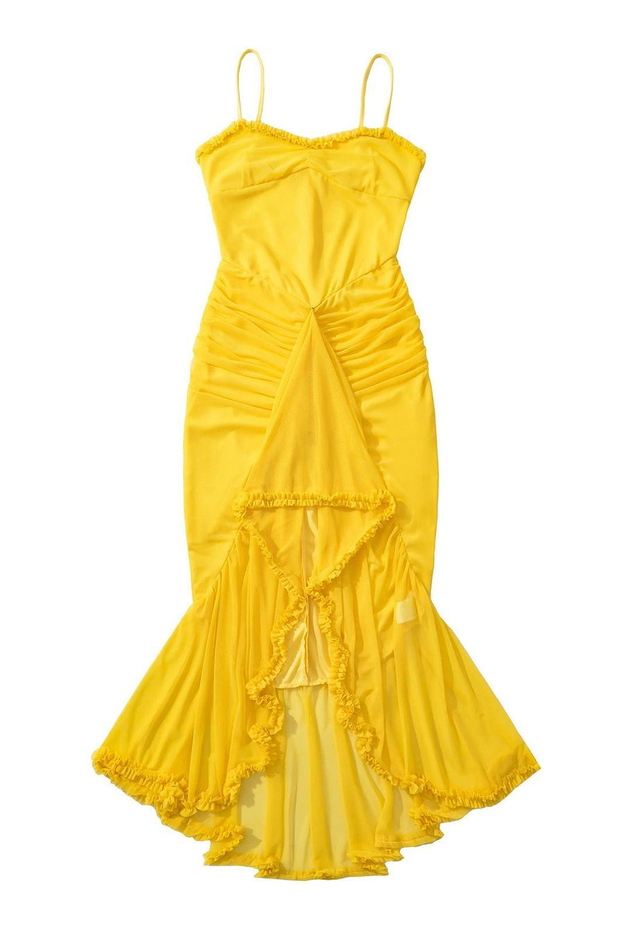 Straps Yellow Ruffled Front Irregular Long Dress
