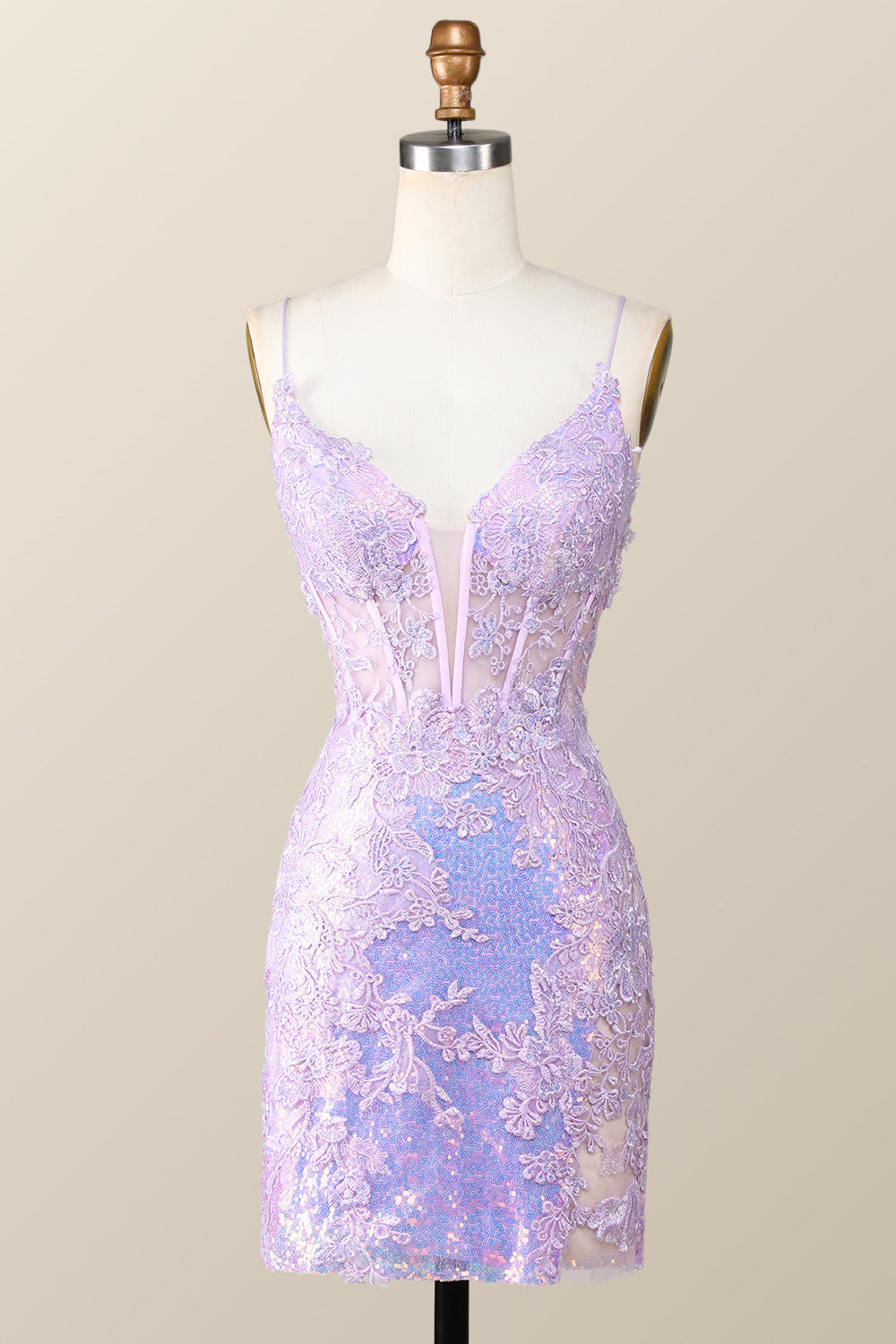 Lavender Sequin Appliques Tight Mini Dress
