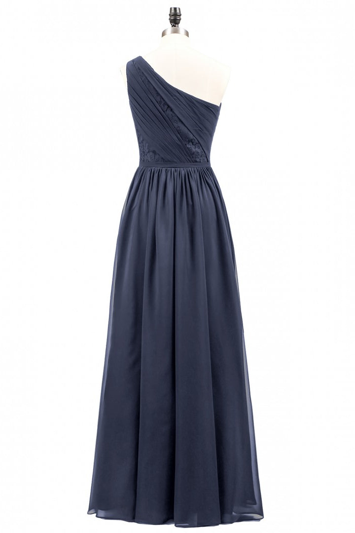 Wine Red One Shoulder A-line Chiffon Long Bridesmaid Dress